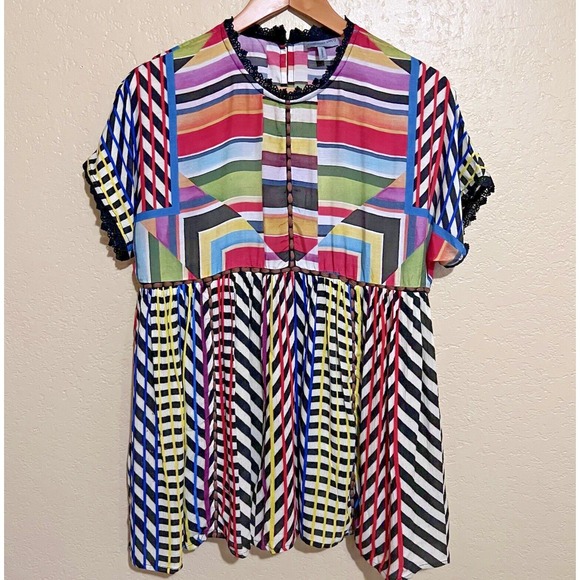 Anthropologie Summer Top Size XS  Boho Babydoll Flowy Smock Lace Trim - Picture 2 of 10